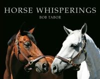 Two horses facing each other, one brown, one white, on black cover of 'Horse Whisperings', by ACC Art Books.