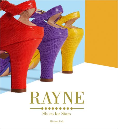 Three brightly coloured high-heeled luxury shoes, in red, purple and yellow, on cover of 'Rayne', by ACC Art Books.