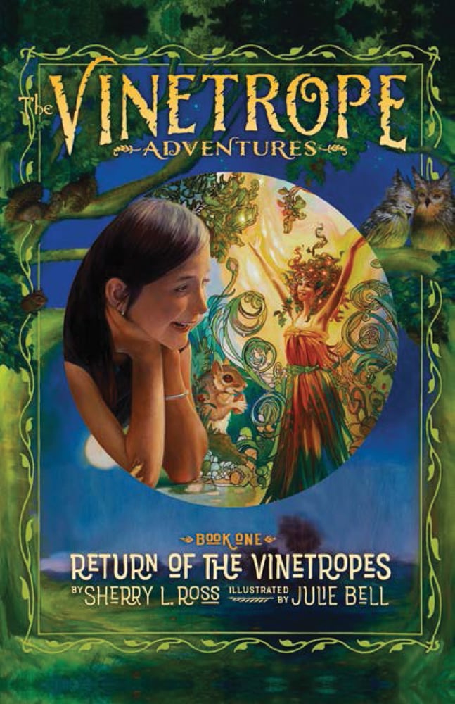 Young girl talking to fairy, on cover of 'Return of the Vinetropes', by ACC Art Books.