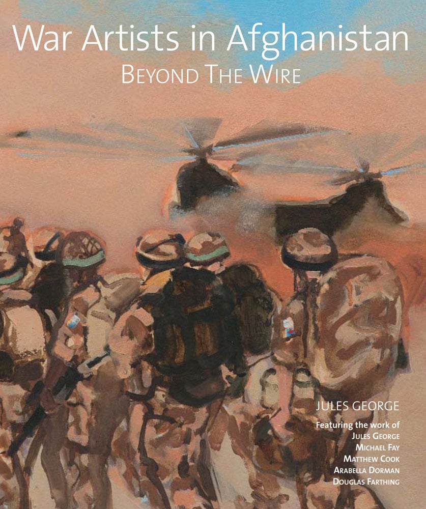 Watercolor of group of soldiers marching near dual rotor helicopter, on cover of 'War Artists in Afghanistan', by ACC Art Books.