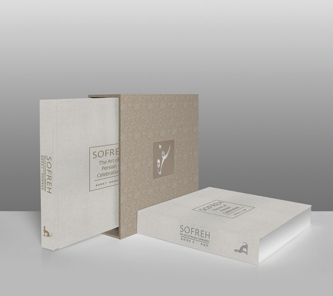 Book cover of 'Sofreh: The Art of Persian Celebration', in beige hard slipcase, by ACC Art Books.
