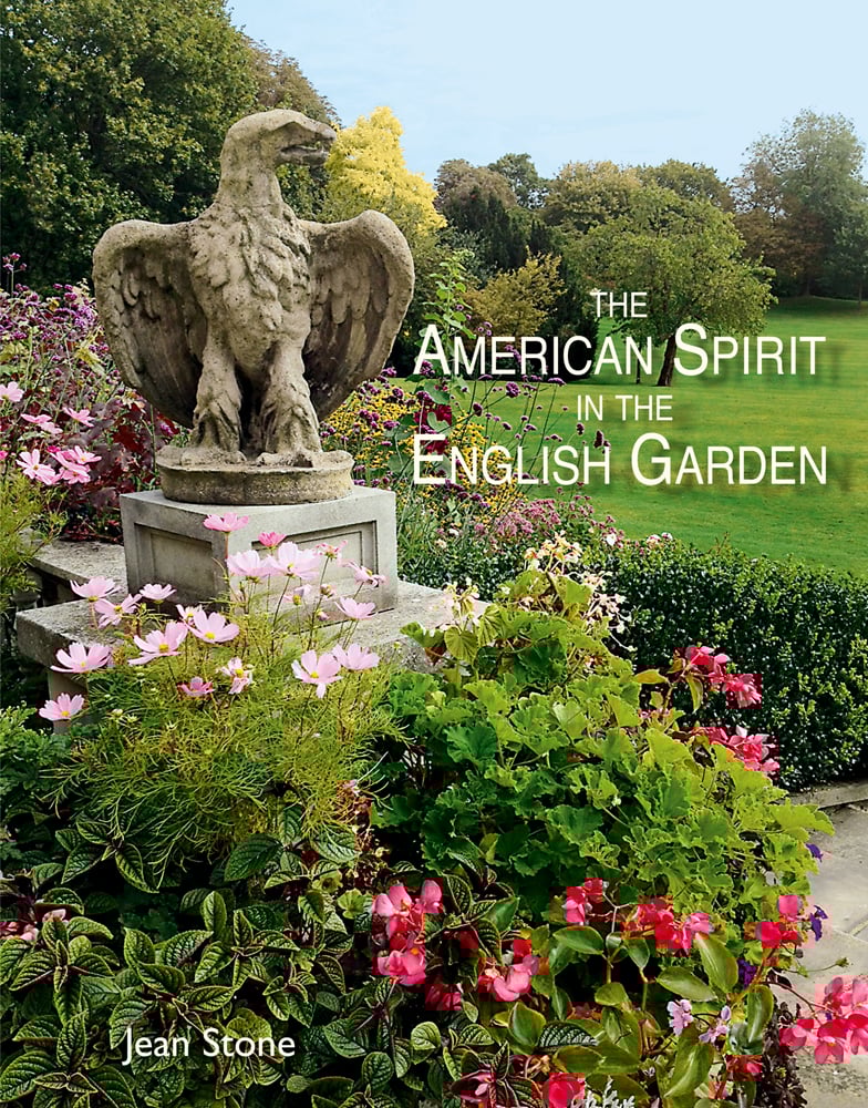 Book cover of American Spirit in the English Garden, featuring an English landscaped garden with mature trees, pink flowers, and stone eagle sculpture. Published by ACC Art Books.