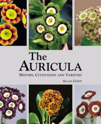 Collection of variegated auricula plants, on cover of 'Auricula: History, Cultivation and Varieties', by ACC Art Books.