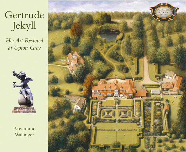 Aerial view of Arts and Crafts–style Manor house and formal gardens, on cover of 'Gertrude Jekyll: Her Art Restored at Upton Grey', by ACC Art Books.