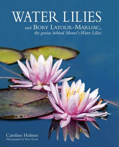 Two pink lilies floating on blue water with green lily pads, on cover of 'Water Lilies', by ACC Art Books.