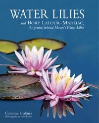 Two pink lilies floating on blue water with green lily pads, on cover of 'Water Lilies', by ACC Art Books.