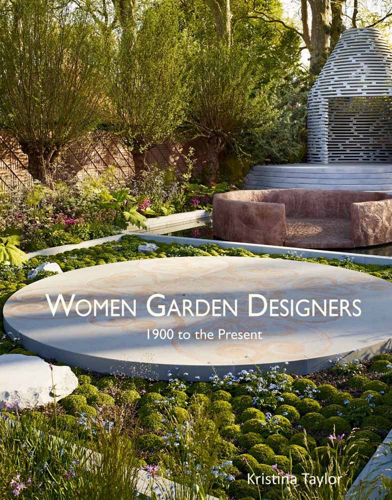 Jinny Blom’s charity inspired garden design, large stone disc surrounded by green plants, on cover of 'Women Garden Designers: From 1900 to the Present', by ACC Art Books.