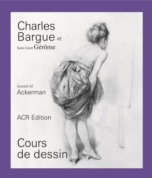 Drawing of female holding skirt up, while leaning forward looking closer at art easel, on cover of 'Charles Bargue et Jean-Léon Gérôme, Cours de dessin', by ACR Edition.