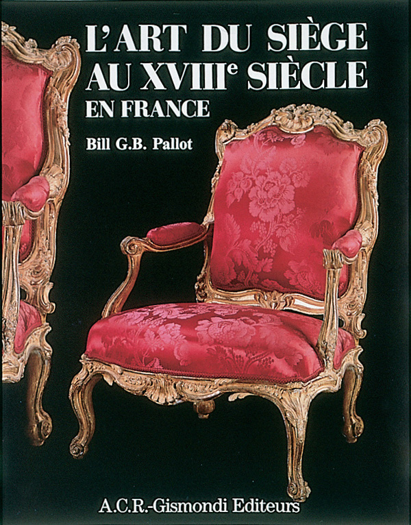 Rococo armchair with ornate gold frame, upholstered in floral red fabric, on black cover of 'L'Art du Siège au XVIIIe Siècle en France', by ACR Edition.