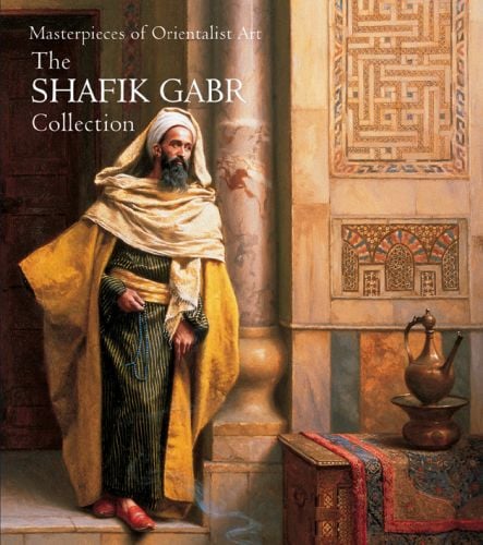 Oil painting 'The sentinel', dark-skinned man leaning on temple pillar, on cover of 'Masterpieces of Orientalist Art, The Shafik Gabr Collection', by ACR Edition.