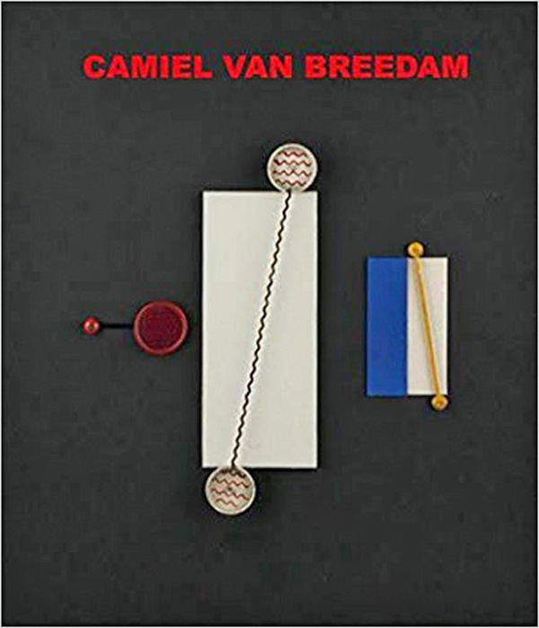Book cover of Camiel Van Breedam, with oblong shapes with circles joined by wire. Published by Exhibitions International.