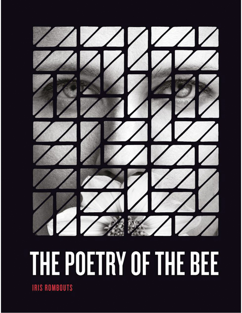 Book cover of Iris Rombouts: Poetry of the Bee, featuring a face with Dahlia flower to lips. Published by Exhibitions International.