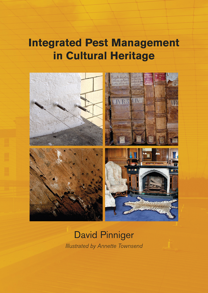 Book cover Integrated Pest Management for Cultural Heritage, with mite infested wood, and old books decaying on shelf. Published by Archetype Publications.