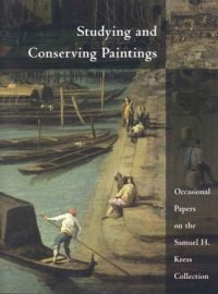 Book cover of Studying and Conserving Paintings, with a painting of man steering narrowboat on river. Published by Archetype Publications.