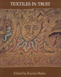 Book cover of Textiles in Trust, with a decorative tapestry with face. Published by Archetype Publications.
