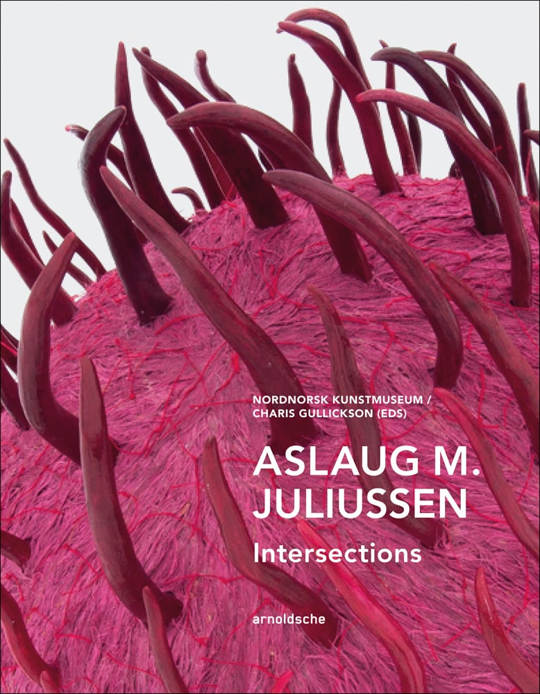 Spiky berry red flower sculpture on white cover, Aslaug M. Juliussen Intersections in white font to lower right
