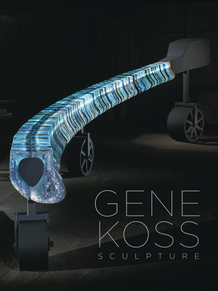 Beautiful long, elegant turquoise blue glass sculpture, on 3 wheels, black cover, GENE KOSS SCULPTURE in white font below