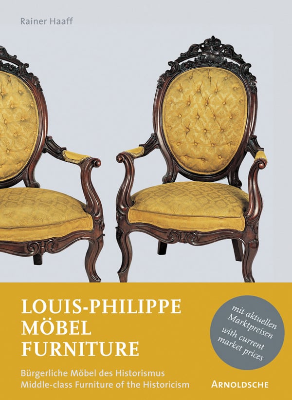 Dark wood framed armchair, upholstered with lemon yellow fabric, on cover of 'Louis-Philippe Furniture, Middle-class Furniture of the Historicism', by Arnoldsche Art Publishers.