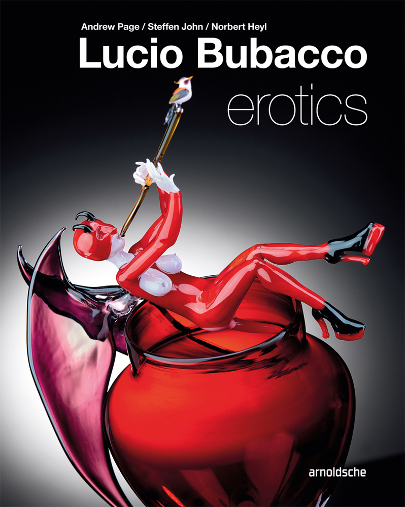 Blood red glass bowl, glass figure in red suit and mask with black horns, exposed breasts and platform boots, Lucio Bubacco erotics in white font