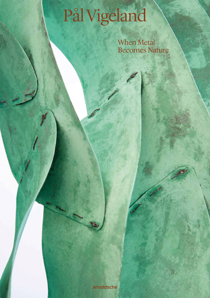 Close up of slender mint green metal sculpture, with flaps attached, Pal Vigeland When Metal Becomes Nature in gold font to top.