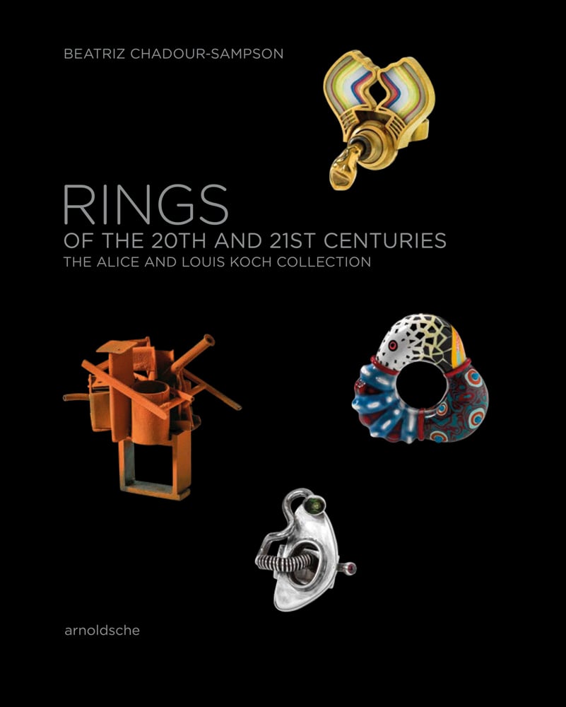 4 modern, quirky designed rings, black cover, RINGS OF THE 20TH AND 21ST CENTURIES in grey font to upper left.