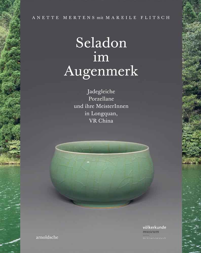 A colour photograph of a delicate mint green crackle glazed porcelain bowl on a grey background placed over a river scene photograph with Seladon im Augenmaerk in white