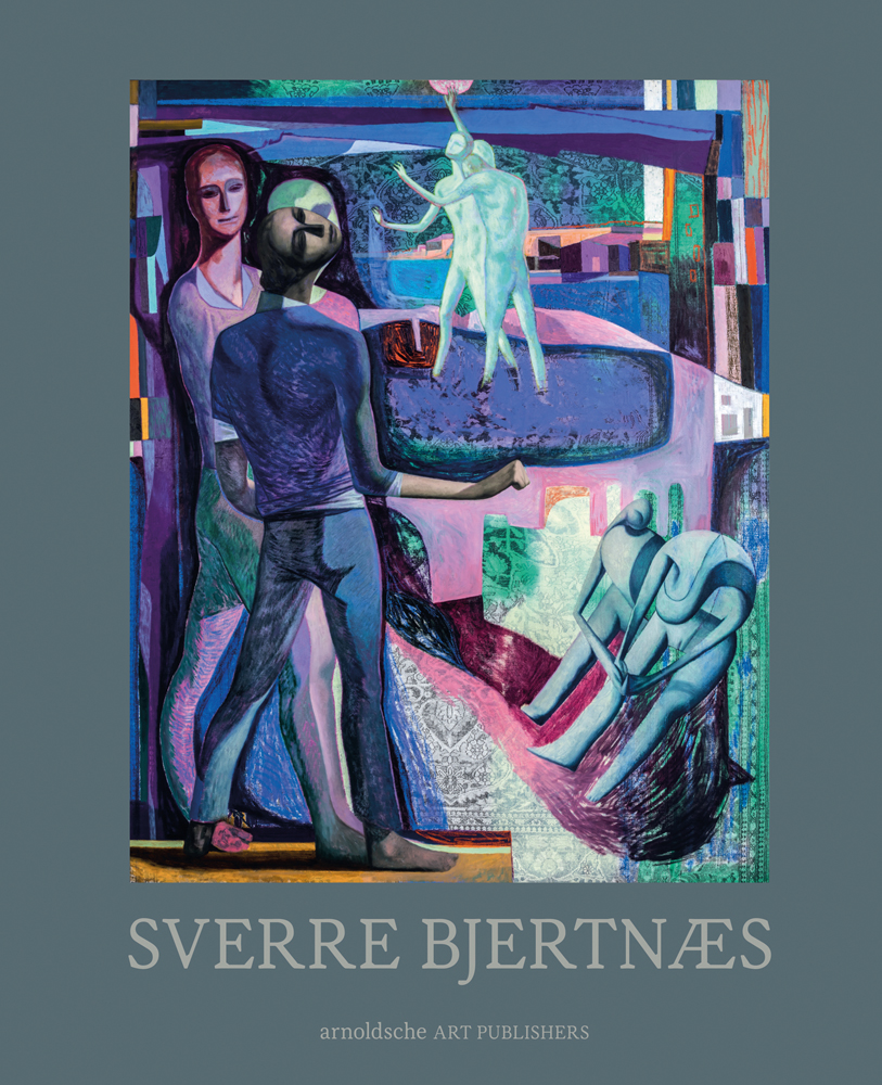 Abstract painting of Three figures in a revolution by Sverre Bjertnaes, on grey cover, SVERRE BJERTNAES in pale grey below