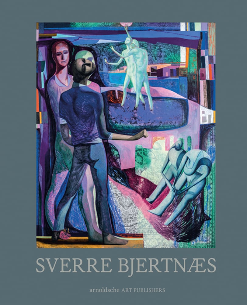 Abstract painting, Three figures in a revolution by Sverre Bjertnaes, on grey cover, SVERRE BJERTNAES in pale grey font below