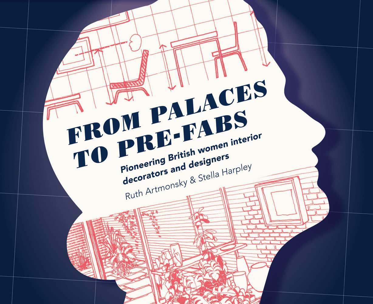 Female head shape with red interior drawings on dark blue cover with From Palaces to Pre-fabs to centre in blue font