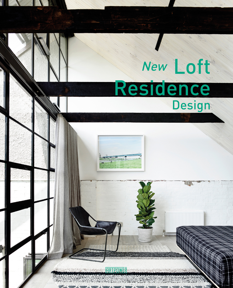 LOFT in grey and brown stencil shapes, on off white cover, New Loft Residence Design in black font to centre