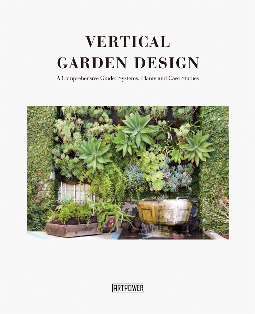Vertical green garden wall with succulents and ferns, on white cover to centre, Vertical Garden Design in black font above