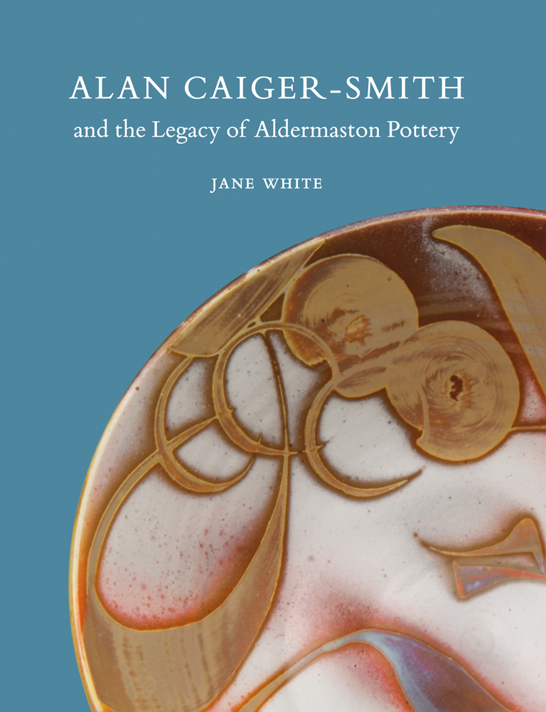Curved ceramic piece with gold patterns, on blue cover of 'Alan Caiger-Smith and the Legacy of the Aldermaston Pottery', by Ashmolean Museum.