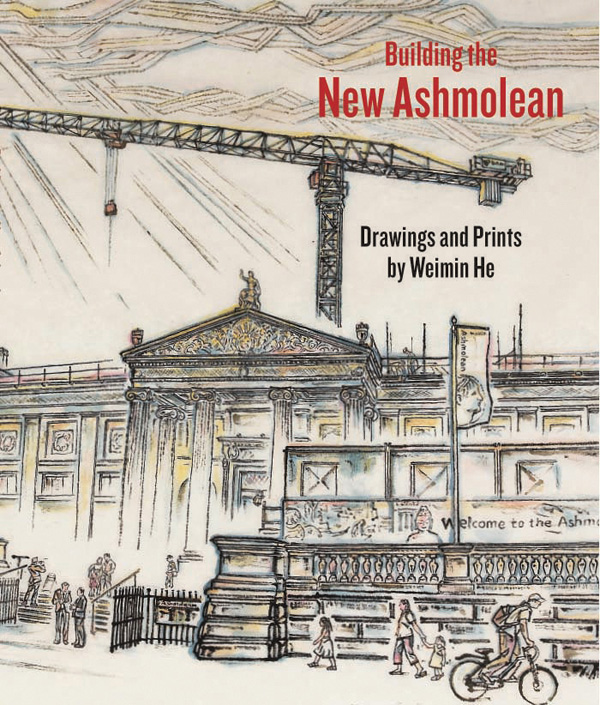 Woodblock print of front of museum building, on cover of 'Building the New Ashmolean', by Ashmolean Museum.
