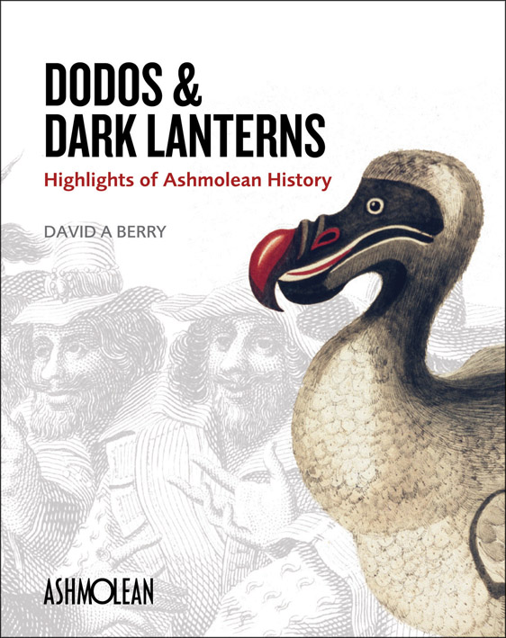 Dodo with white feathers, black and red beak, on cover of 'Dodos and Dark Lanterns, Highlights of Ashmolean History', by Ashmolean Museum.
