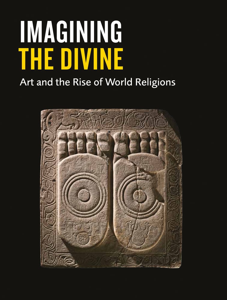 Footprints of the Buddha on black cover of 'Imagining the Divine, Art and the Rise of World Religions', by Ashmolean Museum.