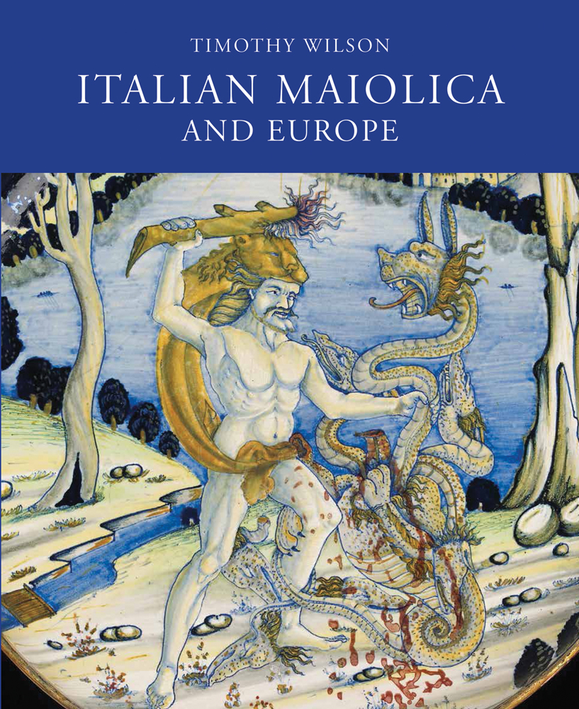 Lustred maiolica bowl, “Hercules and the Hydra", on cover of 'Italian Maiolica and Europe, Medieval and Later Italian Pottery in the Ashmolean Museum', by Ashmolean Museum.