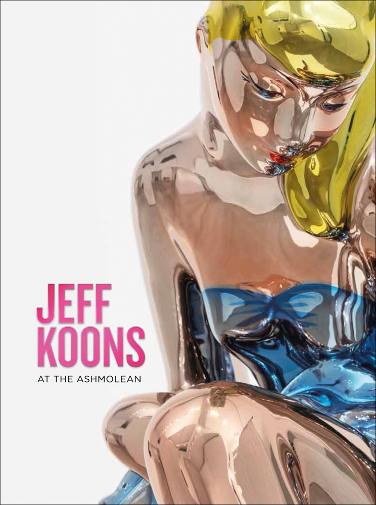 Seated Ballerina inflated sculpture, with yellow hair, blue dress, on white cover, Jeff Koons in pink font to lower left