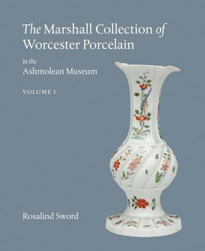 White porcelain vase with floral paintings, on cover of 'The Marshall Collection of Worcester Porcelain in the Ashmolean Museum', by Ashmolean Museum.