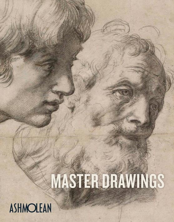 Black chalk drawing 'Raphael, The heads and hands of two apostles', on cover of 'Master Drawings, Michelangelo to Moore', by Ashmolean Museum.