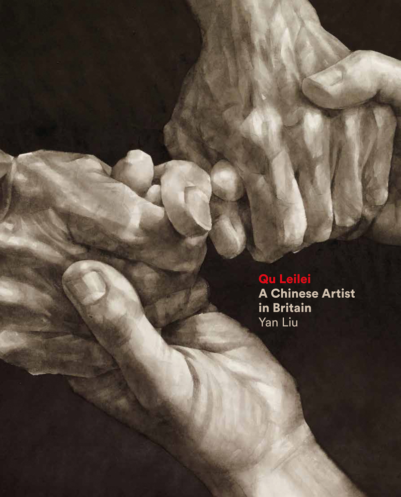 Ink painting of a pair of hands grasping another pair of hands, on cover of 'Qu Leilei, A Chinese Artist in Britain', by Ashmolean Museum.