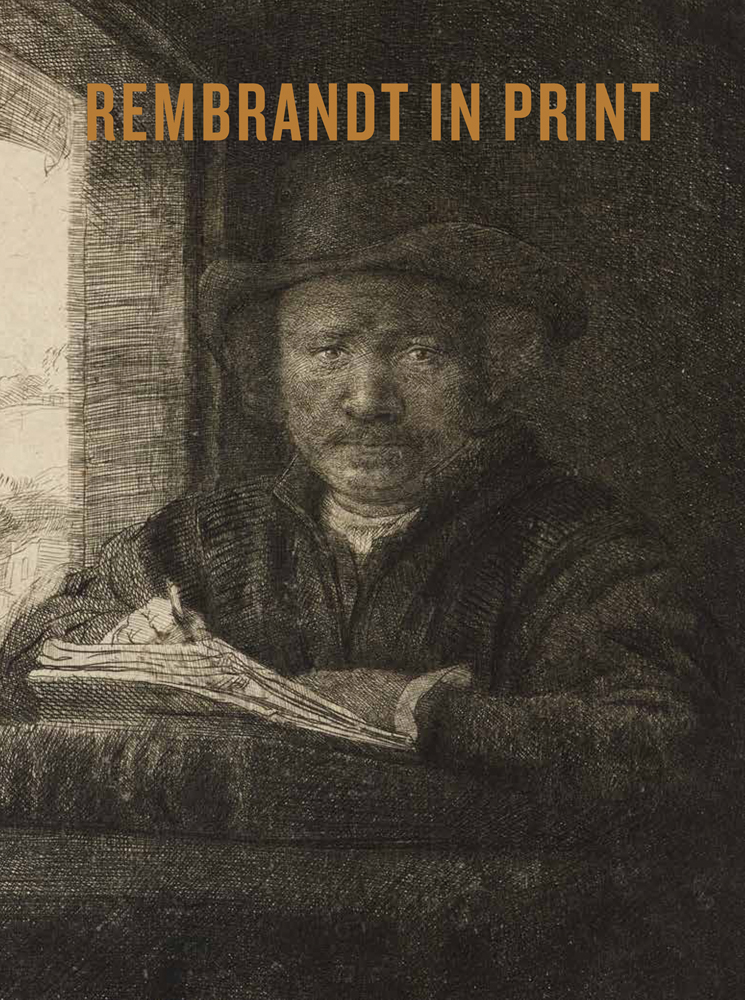 Sepia toned etching, 'Self Portrait Drawing at a Window', on cover of 'Rembrandt in Print', by Ashmolean Museum.