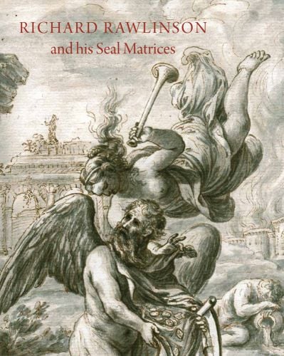 Man with beard and wings, angel with trumpet flying overhead, on cover of 'Richard Rawlinson & His Seal Matrices, Collecting in the Early Eighteenth Century', by Ashmolean Museum.