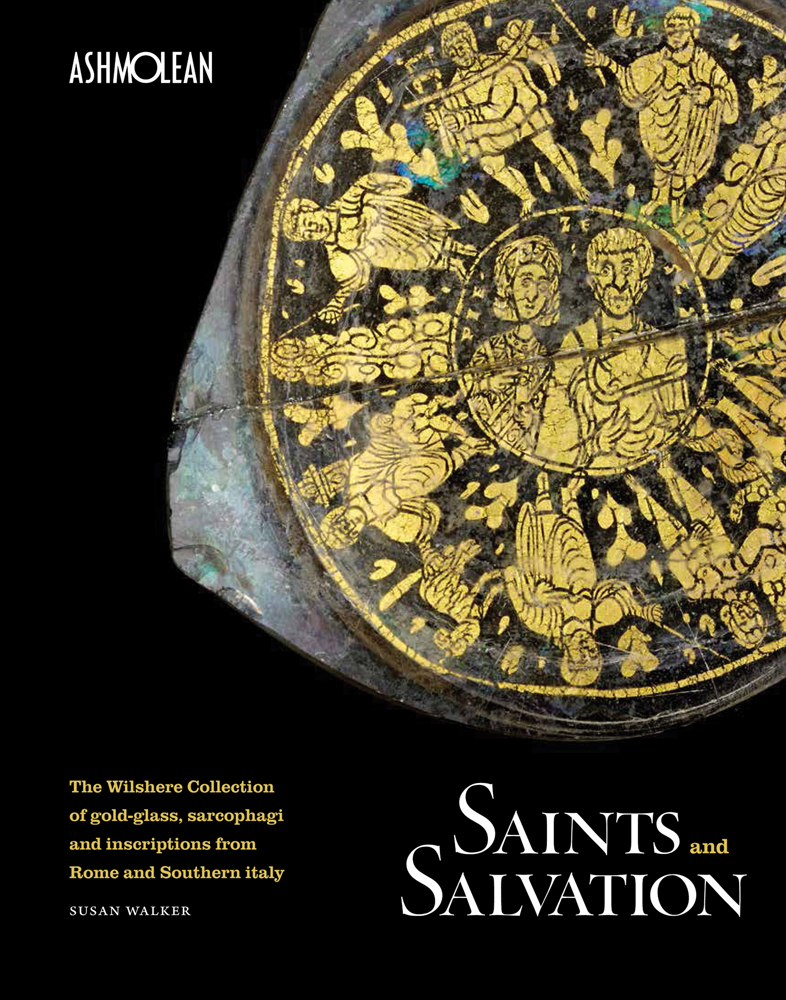 Gold painted figures on black glass circle, Saints and Salvation in white and gold font to lower right