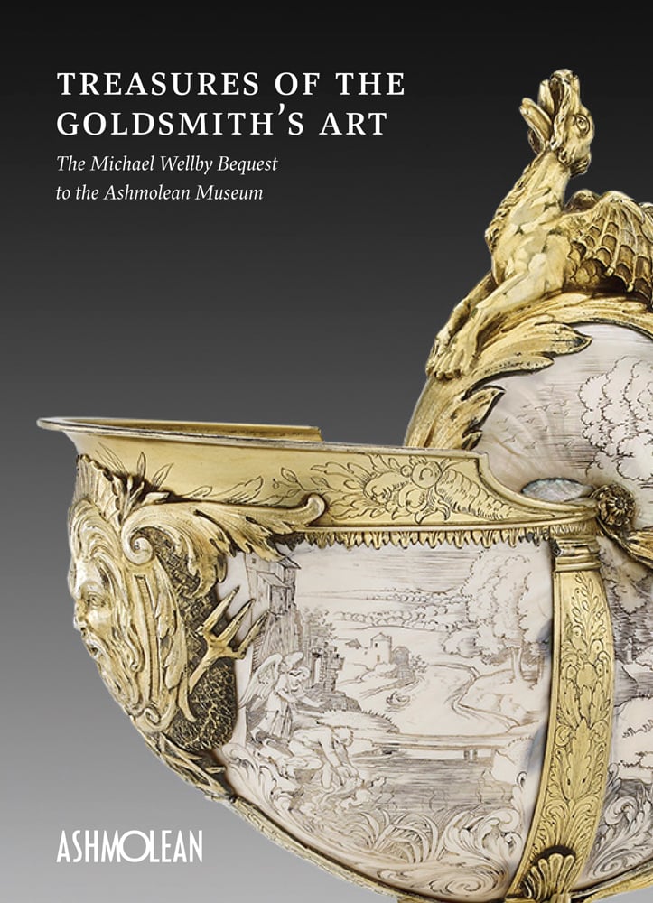 Engraved shell with gilt mount, dragon on top, on cover of 'Treasures of the Goldmith's Art, The Michael Wellby Bequest to the Ashmolean Museum', by Ashmolean Museum.