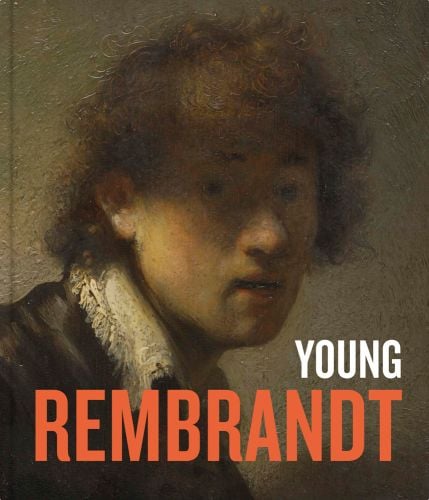 Early self portrait painting by Rembrandt, YOUNG REMBRANDT in white and orange font below.