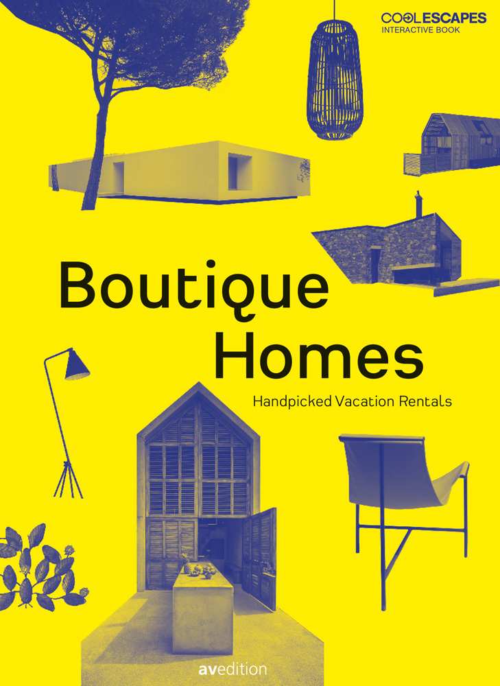 Wood building, chair, tree, on yellow cover of 'Boutique Homes, Handpicked Vacation Rentals', by Avedition Gmbh.