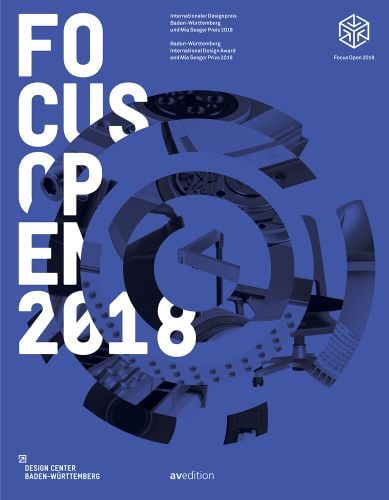 Circular sections of design pieces, on blue cover, Focus Open 2018 in white font down left side