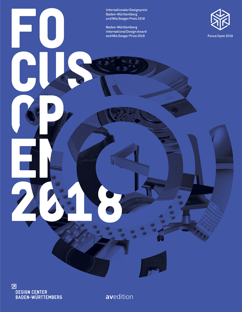 Blue cover of 'Focus Open 2018, Baden-Wurttemberg International Design Award and Mia Seeger Prize 2018', by Avedition Gmbh.