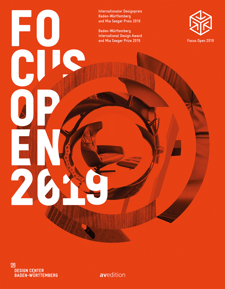 Bright orange cover of 'Focus Open 2019, Baden-Wurttemberg International Design Award and Mia Seeger Prize 2018', by Avedition Gmbh.