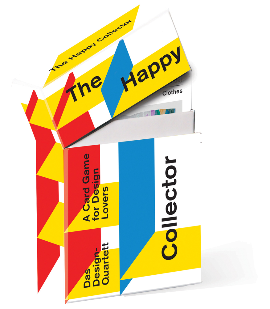 Red, blue, yellow and white cover of card box with open lid of 'The Happy Collector, A Card Game for Design Lovers', by Avedition Gmbh.